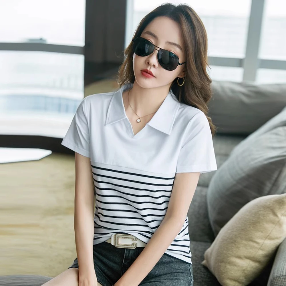 Cotton short sleeved women's summer new fashionable plus size V-neck casual polo shirt white striped lapel top