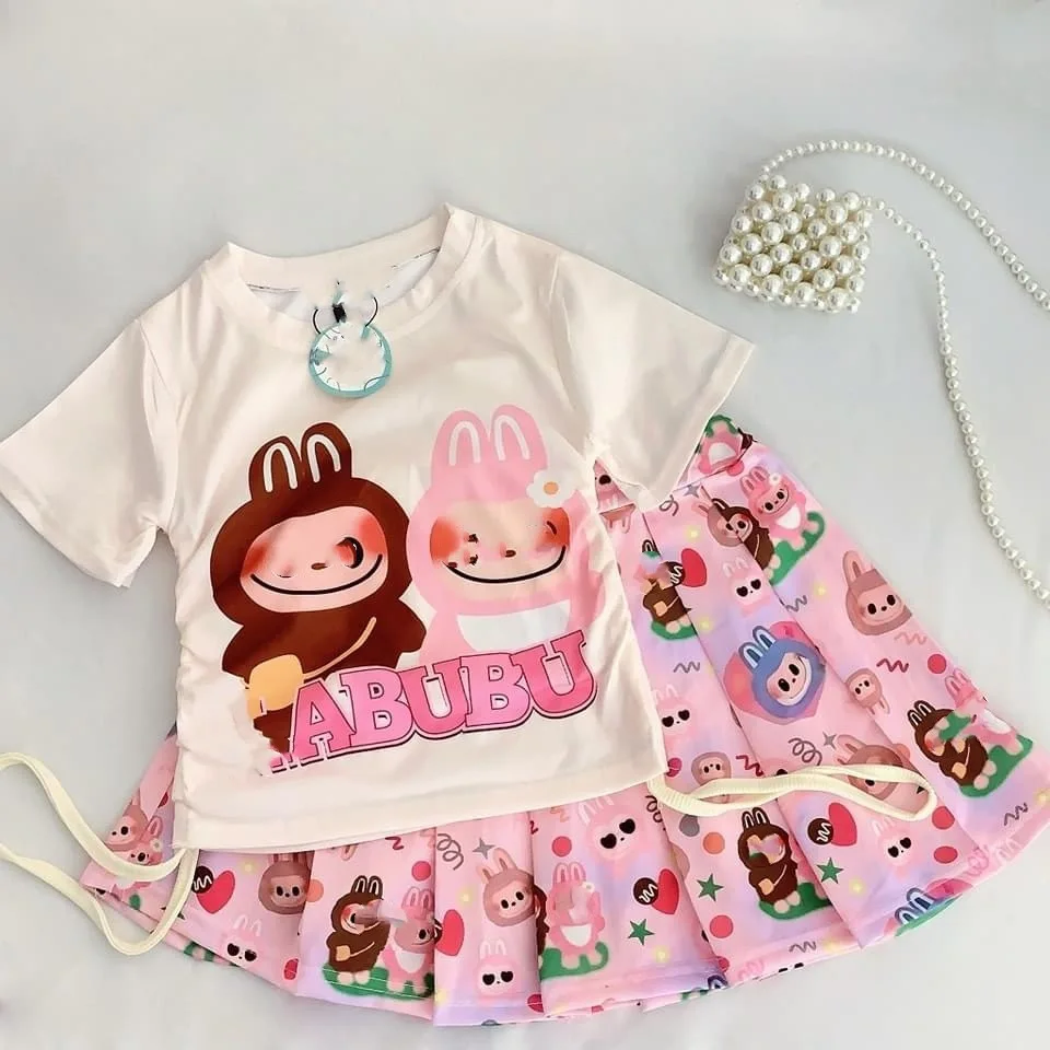 

Girl's Suit 2025 Summer New Style Children's Sweet Cartoon Short Sleeve T-Shirt Pleated Skirt Cute Two-Piece Set
