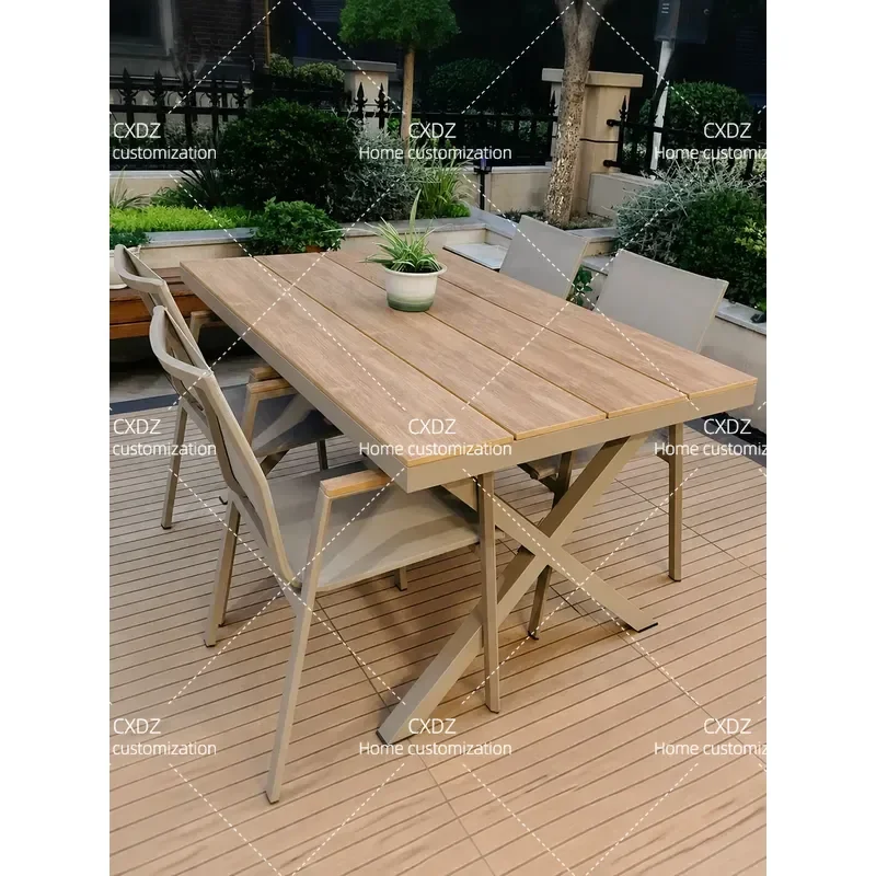 Outdoor Plastic Wood Table and Chair Set Waterproof Sunproof Anti Corrosion Garden Courtyard Balcony Leisure Furniture