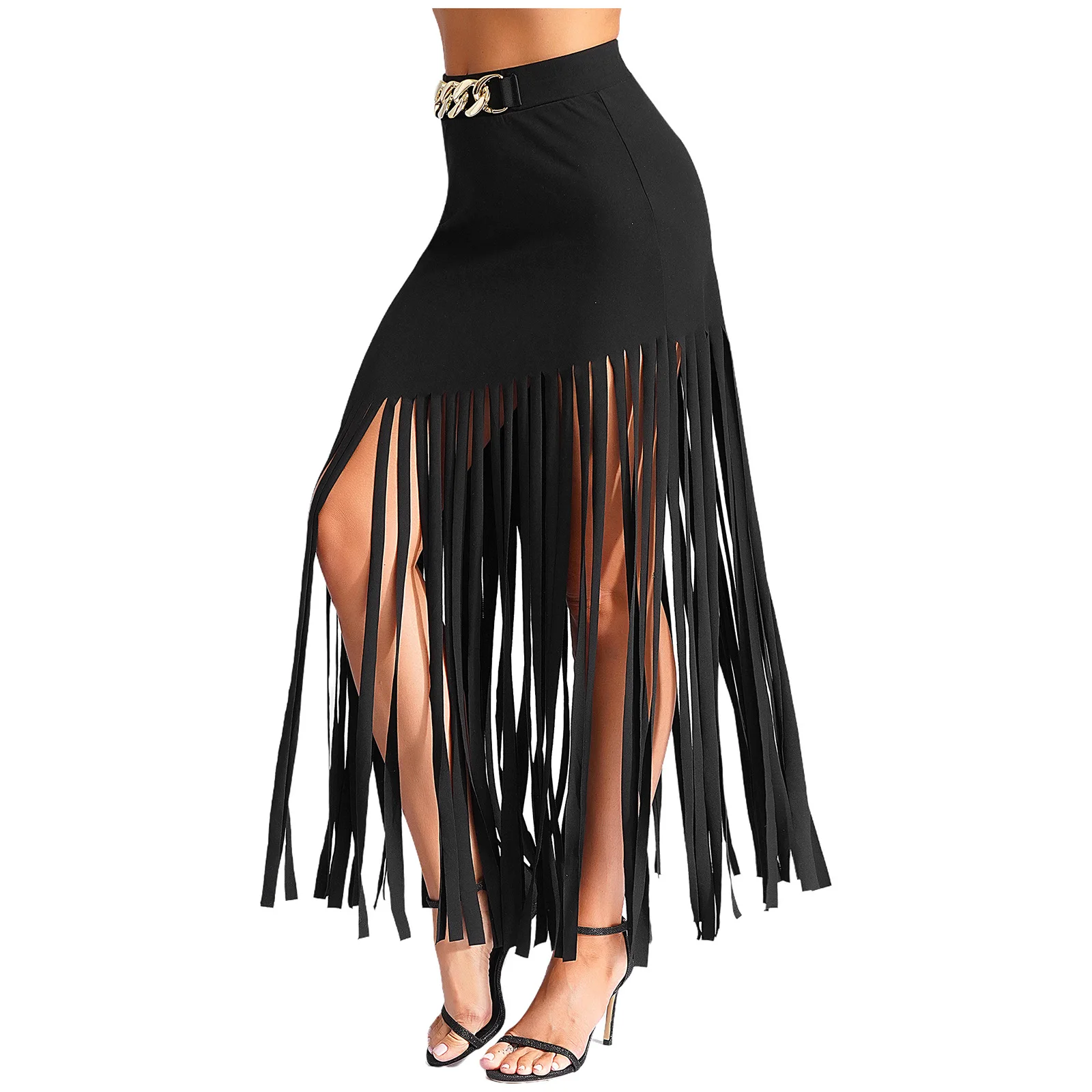 Jazz Samba Ballroom Tassel Skirt Women High Waist Plastic Chain Asymmetrical Fringe Maxi Skirt for Dance Stylish Street Wear