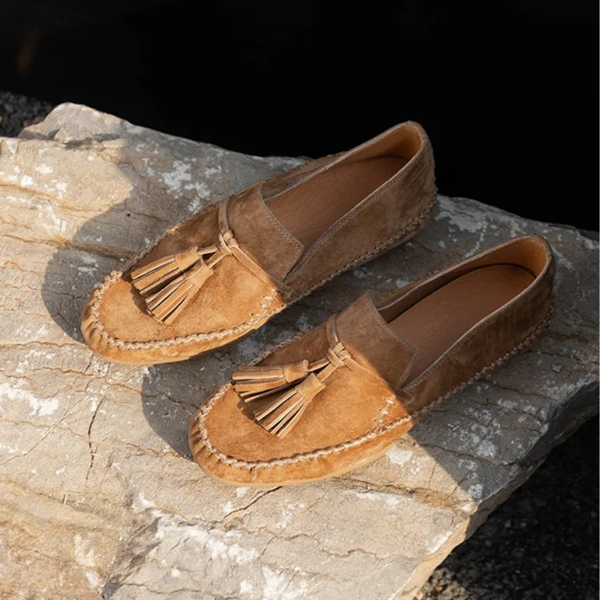 Spring Loafers Woman Flats Sheepskin Real Leather Round Toe Women Flat Shoes Slip-On Fringe Loafers Handmade Retro Shoes