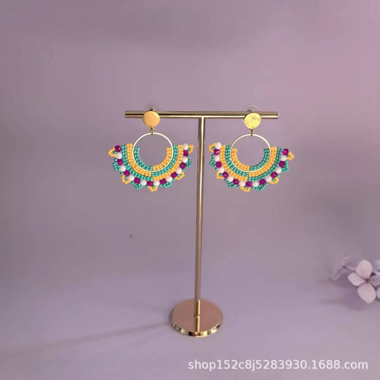

Bohemia Rice bead earrings Flower Color mixing Crystal Alloy Original design Exaggeration Beaded Hand-woven Semi-circular
