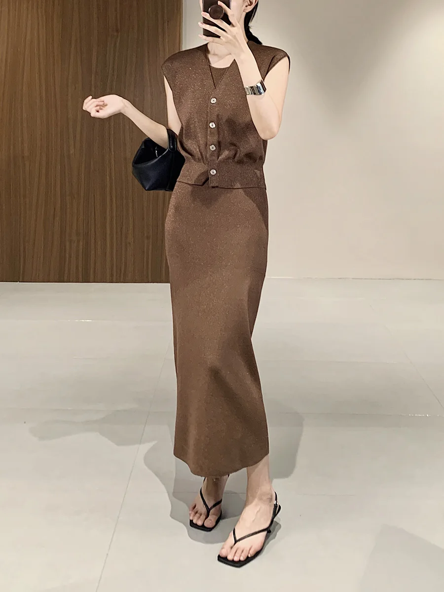 

Imported High Elasticity Curved Knitted Dress Cardigan Set DUETTO Gold Yarn Fashionable Women's Ensemble Autumn 2023