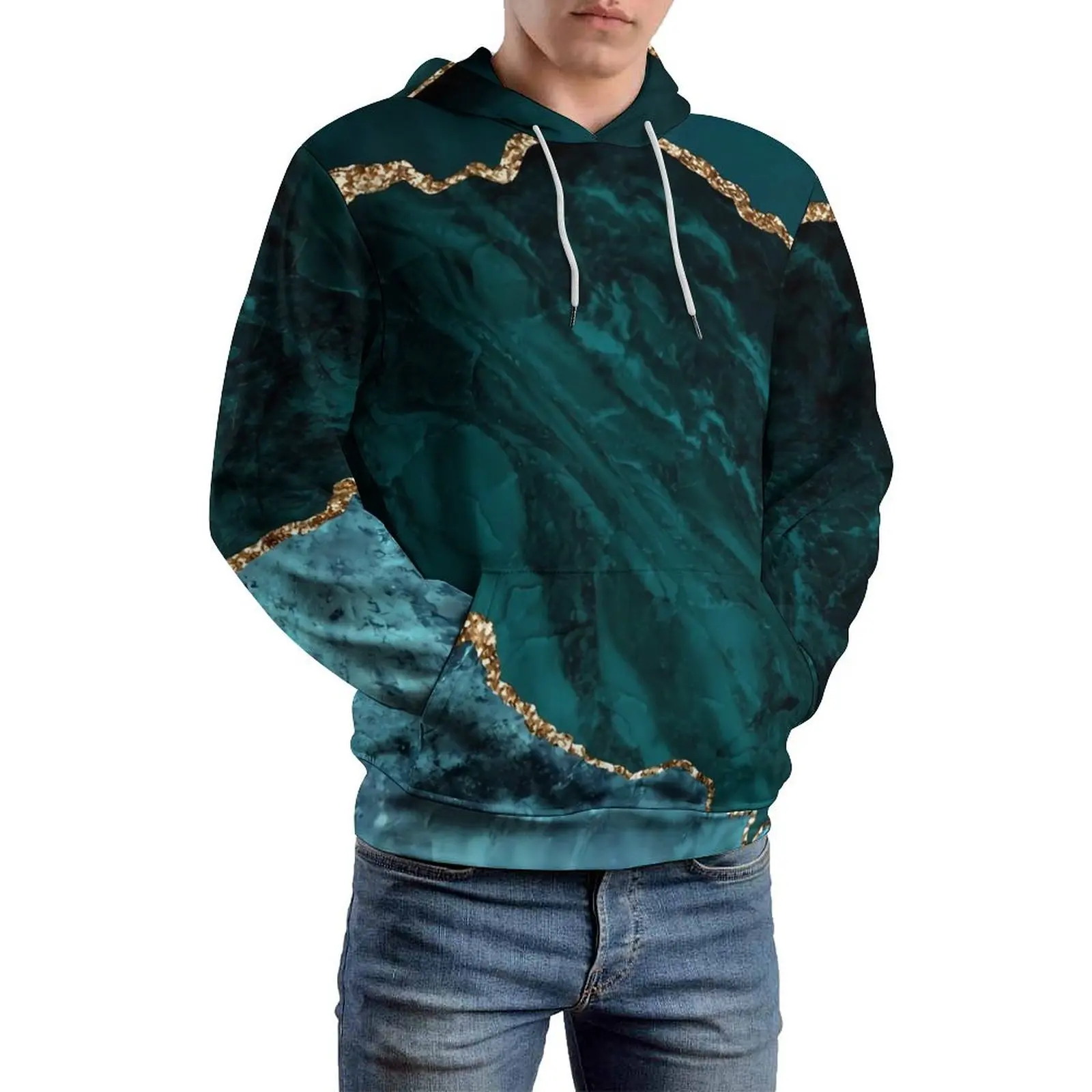 Gold Marble Casual Hoodies Blue and Green Classic Hoodie Man Long-Sleeve Kawaii Design Clothing Large Size