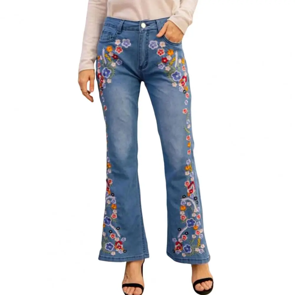 

Wide Leg Summer 2023 Women Jeans Washed Flower Embroidered Long Slim High Waist Vintage Bell-bottomed Pants Women Clothes