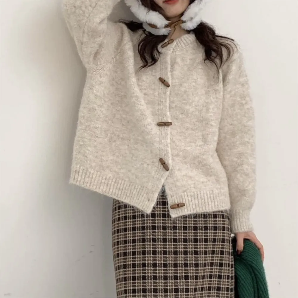 MsChuh Women's Cardigan All-match Loose Simple Style Sweater Pulls Femmes Temperament Playful Daily Lazy Solid Color Round Neck 4