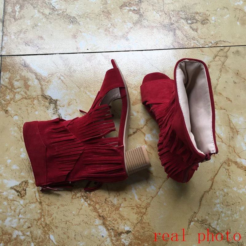 ASILETO Big size 32-46 peep toe summer boots high heelswomen tassel zipper western ankle boots sandals nubuck leather ringe 1377