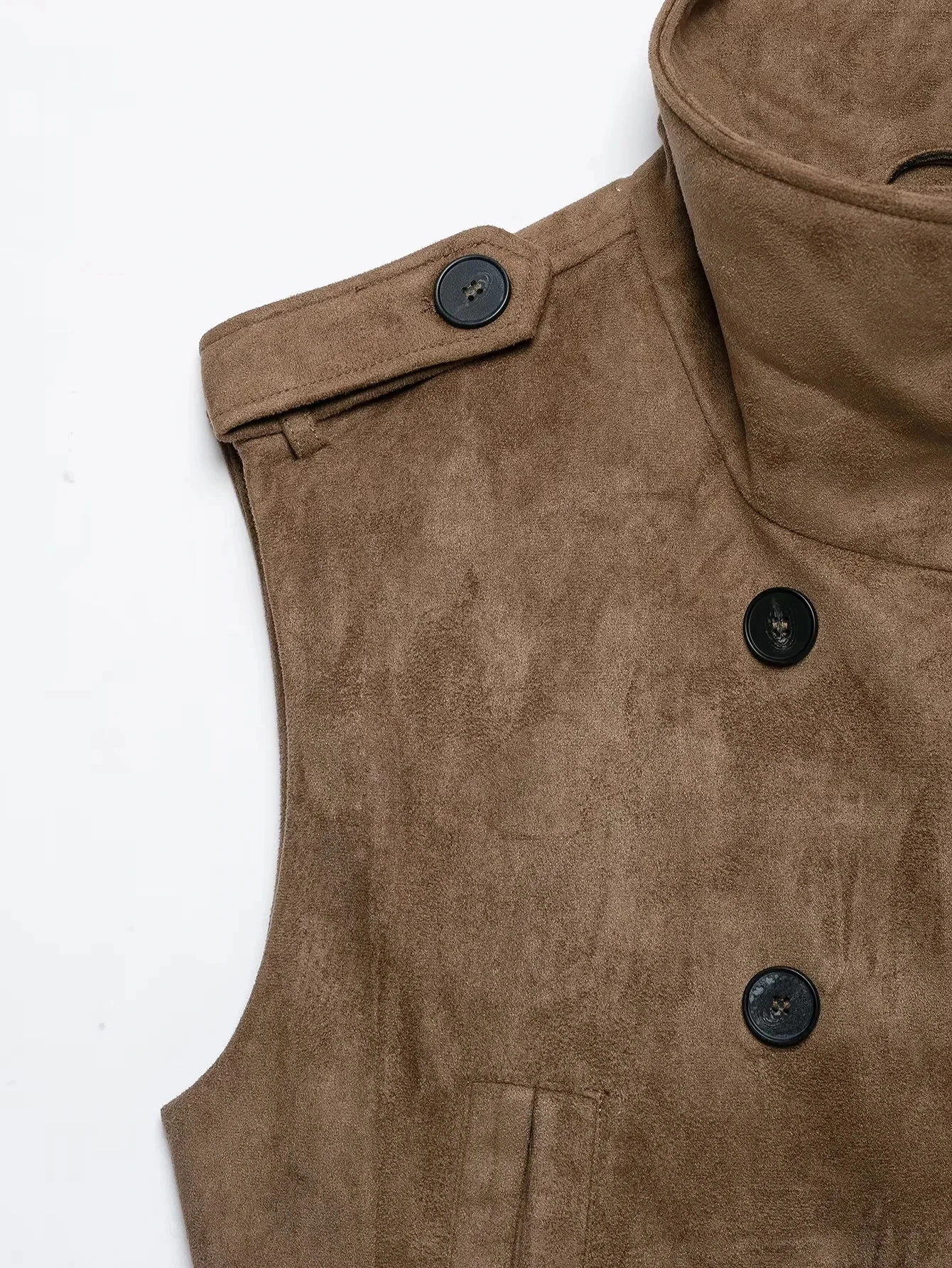 KONDALA Vintage Casual Chic Women Suede Vest Khaki Stand Collar Sleeveless Double Breasted Pockets Belt Coat Fashion 2026 Vest