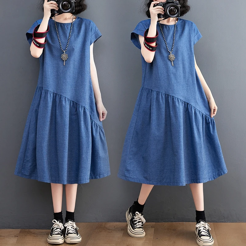 

Summer 2024 plus Size Women's Denim Dress Short Sleeve Midi Skirt Slimming Aesthetic Quality Women's Clothing