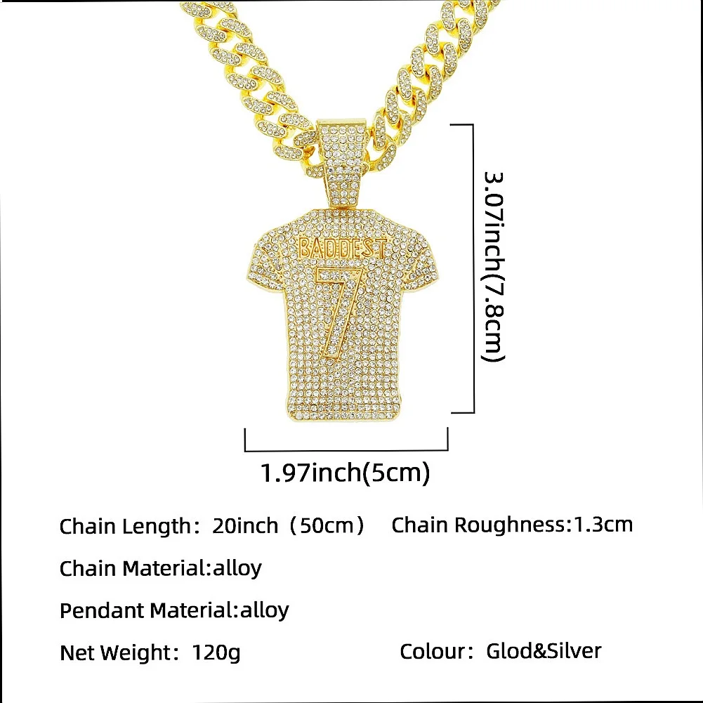 European American Hip Hop Men's Exaggerated Full Rhinestone Jersey Pendant Necklace Nightclub Dance Streetwear Cuban Chain