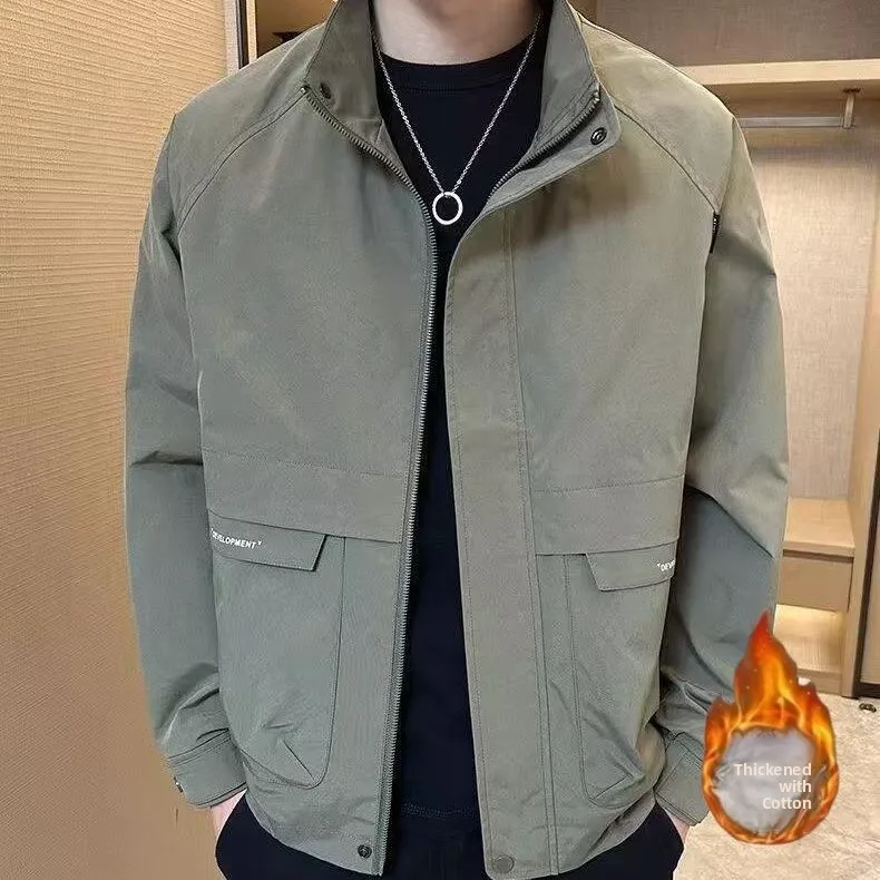 

Thiened Cotton Work Jaet Autumn Winter Pure Color Simple Stand Collar Men's Youth Commute Slim Fit Cotton Outerwear