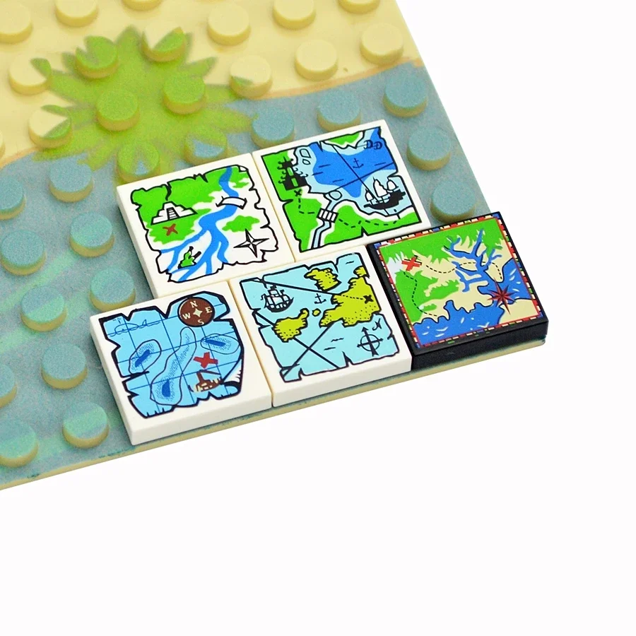 Map Building Blocks MOC Printed Navigation Nautical Map Treasure Map Accessories 10pcs 5 Styles 3068 2x2 bricks Toys