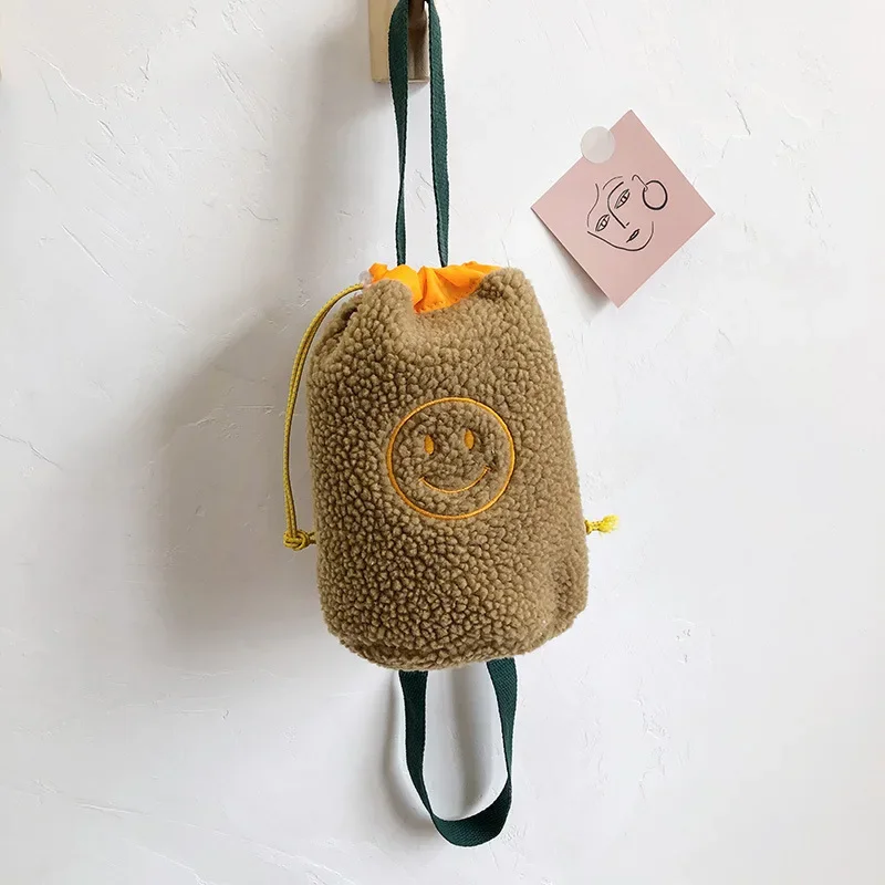 Smile Small Soft Flush Crossbody Bag Mini Girls/Womens Shoulder Bucket Bag Beige Black