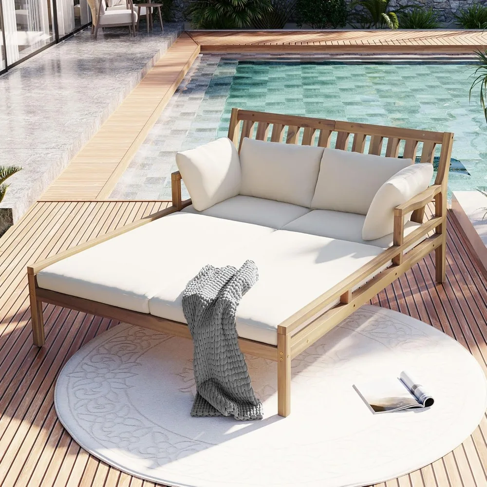 

Modern Outdoor Patio Daybed with Four Pillows,Wooden Outdoor Sunbed with Curved Armrests for Poolside Backyard Garden,Easy Assem