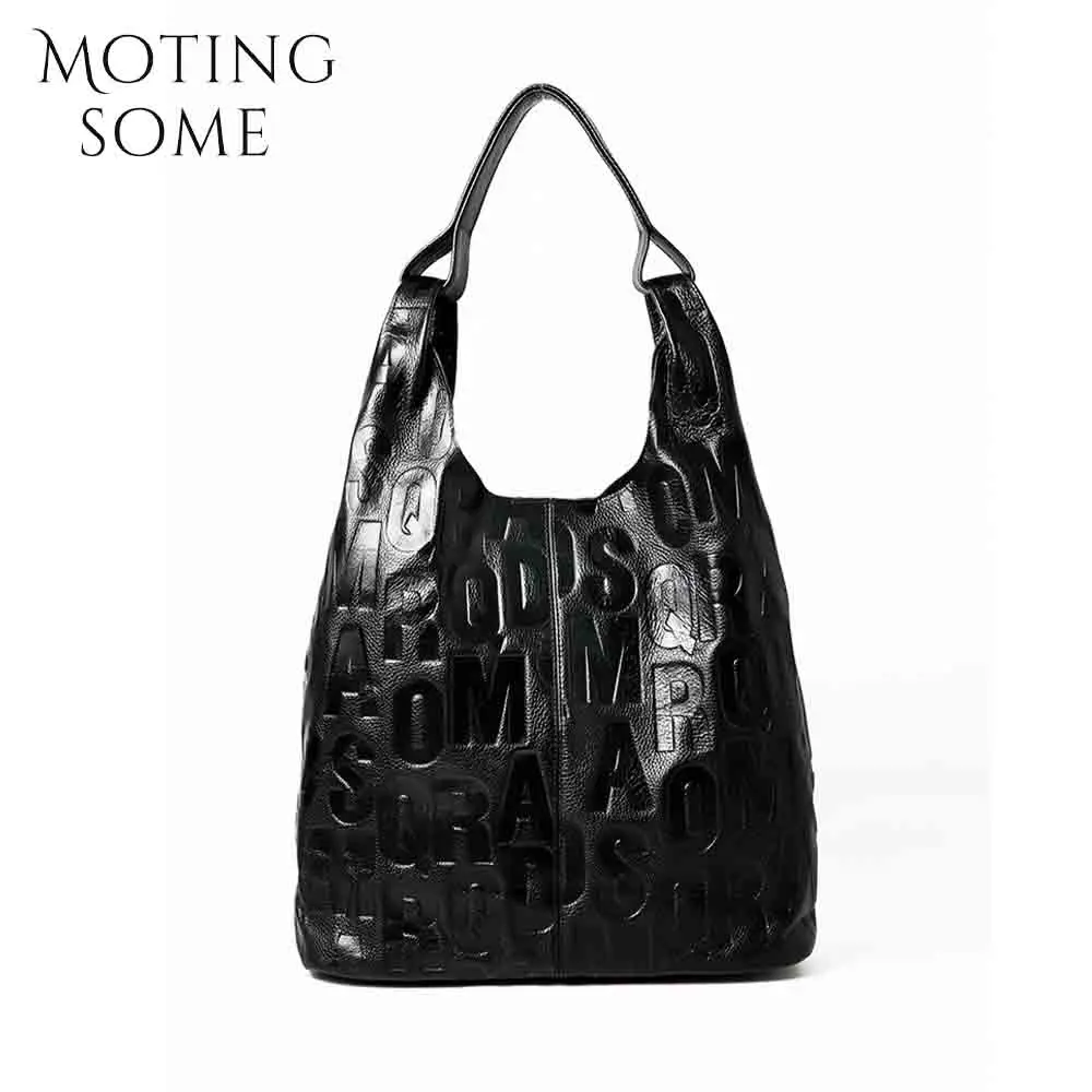 Motingsome 2024 New Frist Layer Cowhide Bag for Women Large Capacity Bucket Letter Print Oversize Handbag Roomy Lady Daily Bags