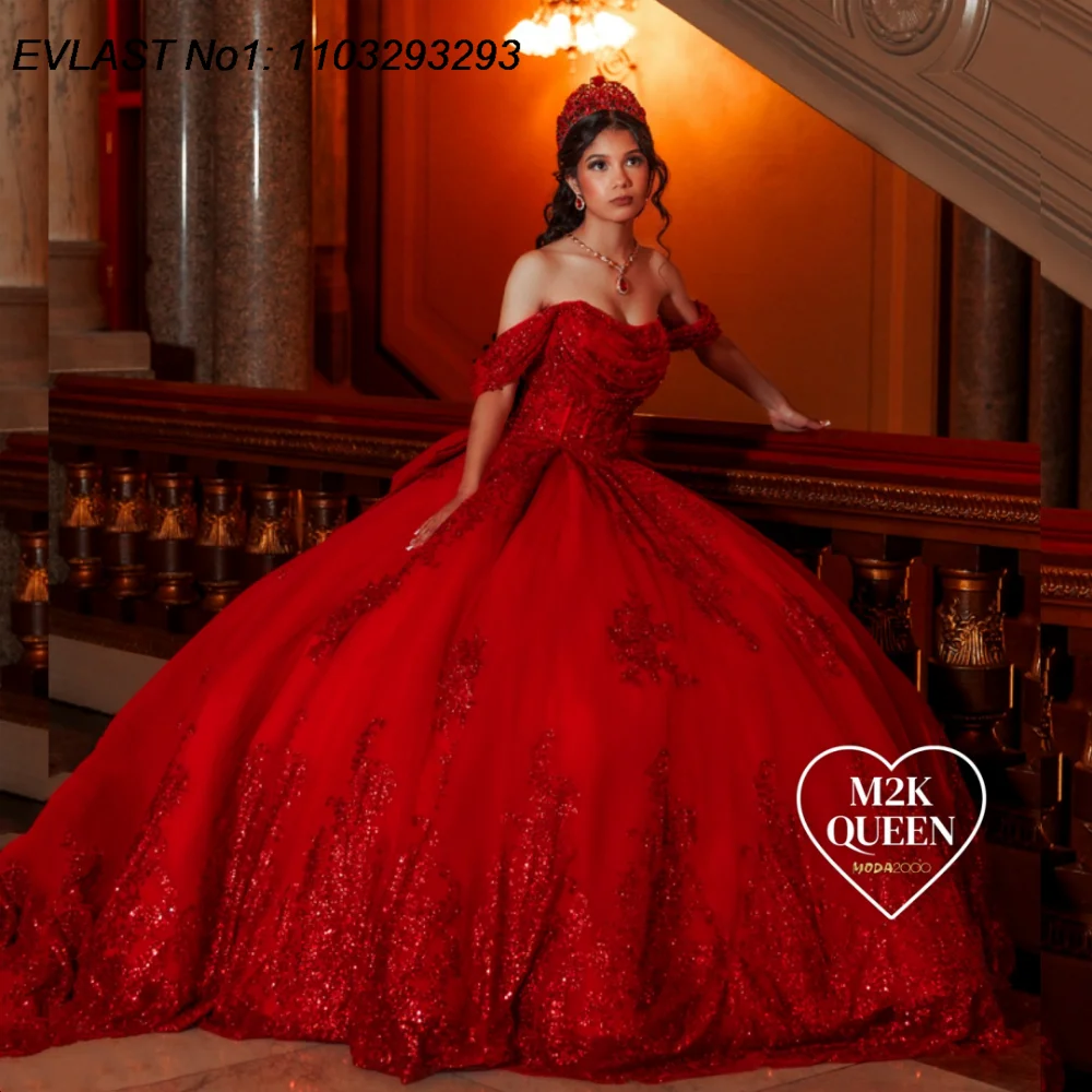 EVLAST personalizado brillo rojo Vestido para quinceañeras Vestido De baile apliques De lentejuelas rebordear arco corsé dulce 16 Vestido De 15 Anos E1Q113