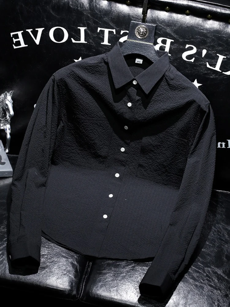 Casual Loose Fit Coffee Colored irt Bubble Texture Fabric No Ironing Required Spring Autumn Faionable Korean Sle irt