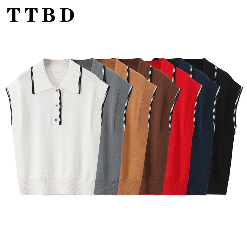 TTBD 2024 New Woman's Knitted Gilet Waistcoat Lady Solid Color Turn-down Collar Sleeveless Top Regular Fit Sweater Vest Striped