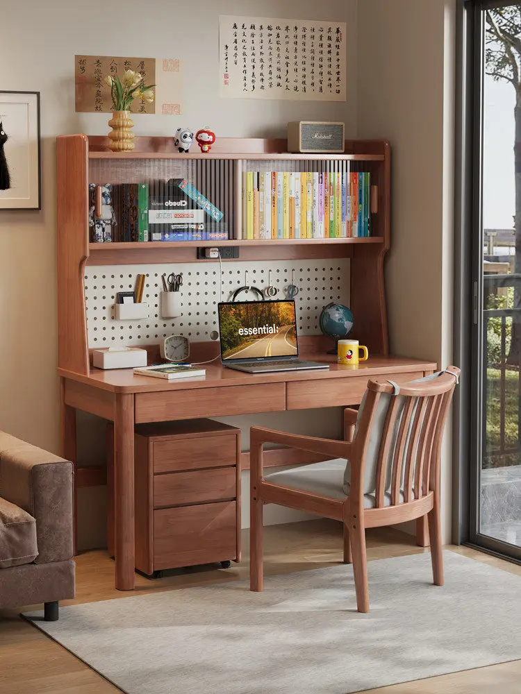 Solid Wood Desk With Integrated Bookshelf Perforated Board Drawers-Simple Design For Home Office Student Study
