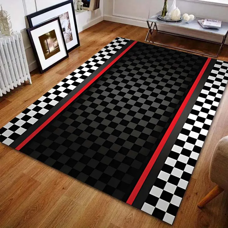 1PC Race Track Black and White Grid Print Carpet for Bedroom Living Room Bedside Sofa Floor Mat Modern Home Decor Area Rug