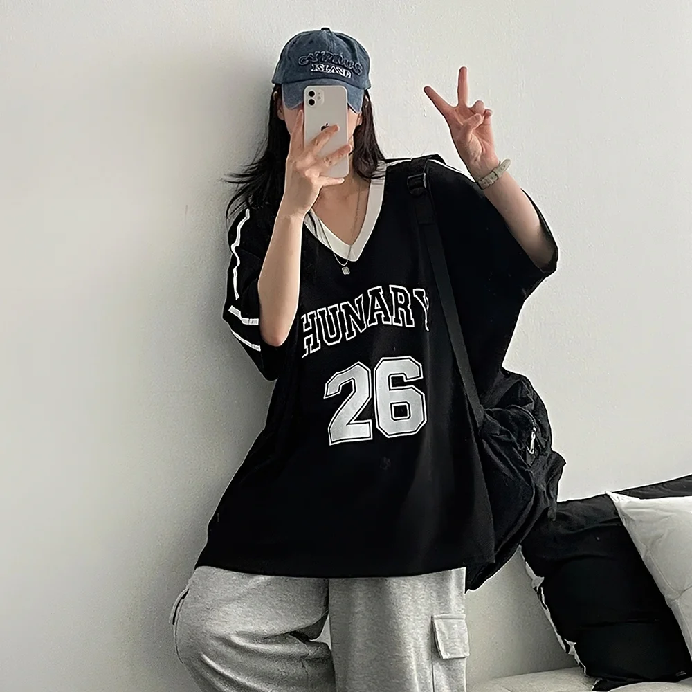 

Новый модный свободный спортивный топ с короткими рукавами для женщин, полностью подходящий с уличной спортивной футболкой в стиле ретро, удобные топы с v-образным вырезом, футболка