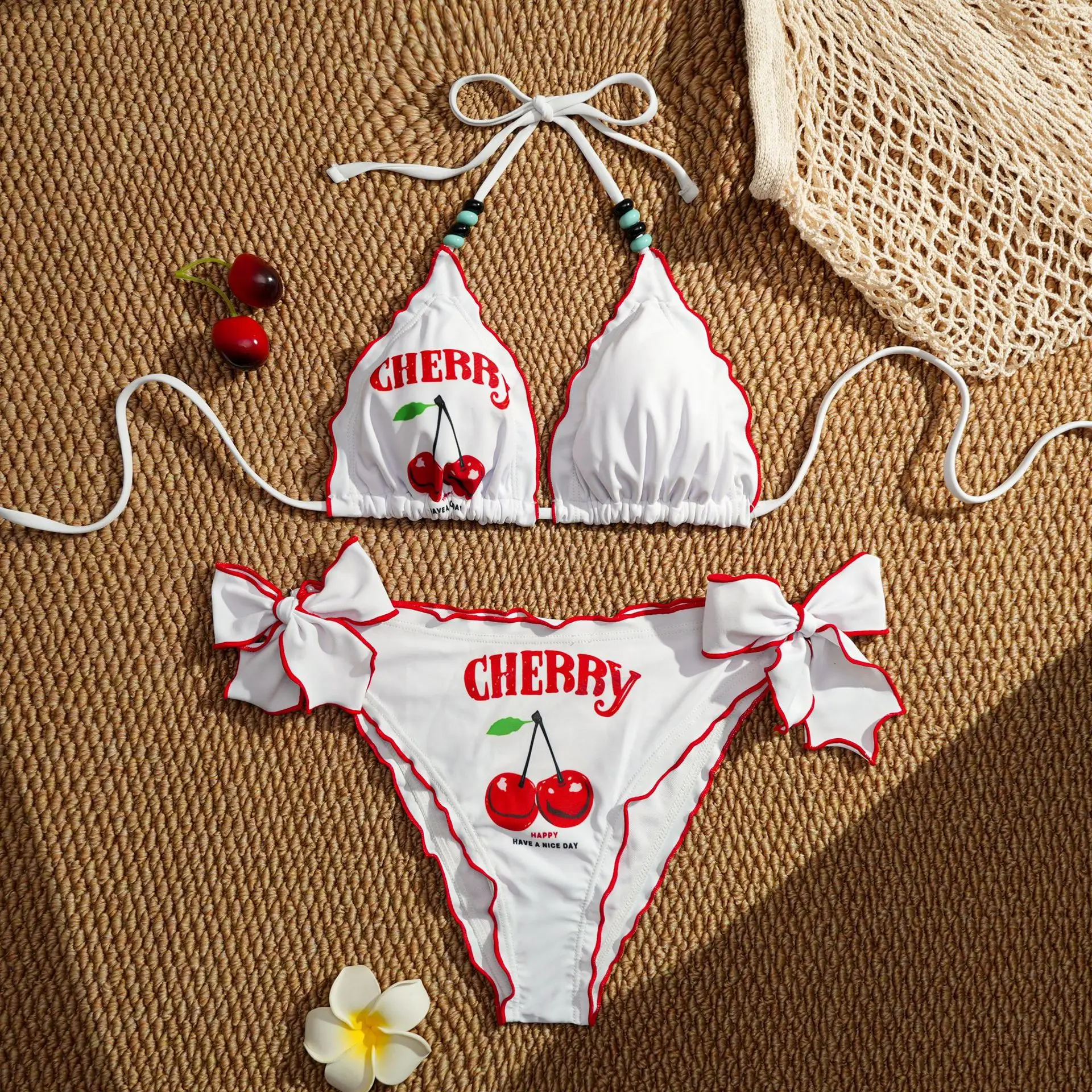 

Bathing Suit Women Personalized Cherry Print Swimsuit Strappy Bikini Summer Three-point Beach Women's Swimsuit