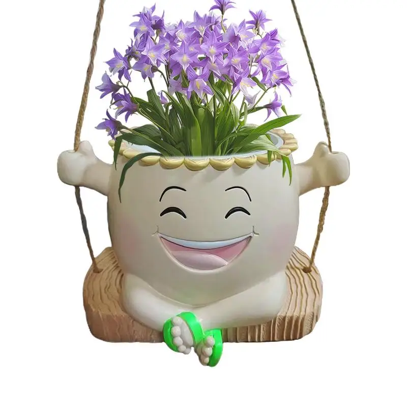 Smile Flower Pot Swing Chair Flower Head Resin Planter Cartoon Hangable Outdoor Flower Planter With Drainage Hole For Grasses