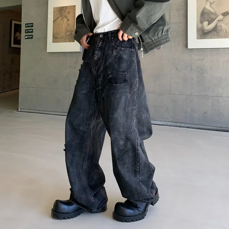 

Fashion Black Gray Washed Graffit Jeans 2026 Spring Autumn Winter New Men's Loose Straight Fake Ripped Long Pant