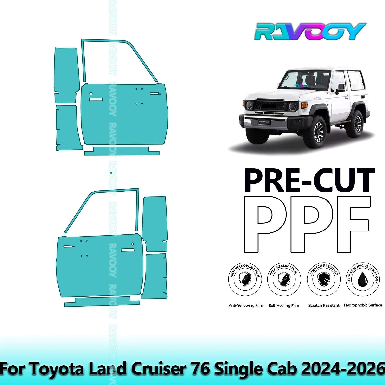 

For Toyota Land Cruiser 76 Single Cab 2024-2026 8.5mil Pre-Cut PPF Door & A/B Pillar Kit TPU Paint Protection Film Set