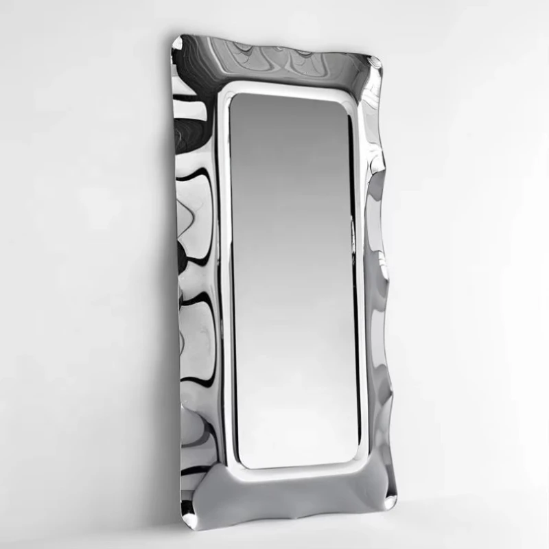 

Italian design stainless steel silver mirror light luxury floor-to-ceiling rectangular vanity mirror wall-mounted wave mirror