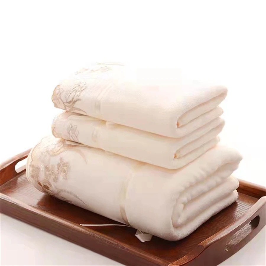 3pcs/set Quick Dry Microfiber Embroidered Towel Set Solid Color 75x35cm Face Towels + 140x70cm Bath Towel - Bathroom Essentials