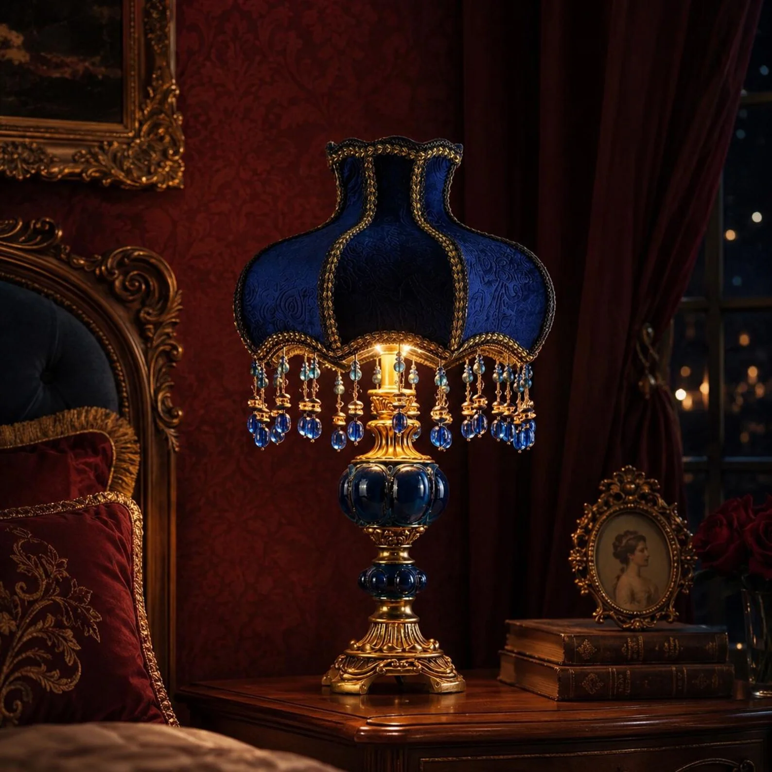 REVEN Victorian Style Blue Table Lamp with Fabric Lampshade Crystal Beads Resin Base Accent Light for Bedroom Office