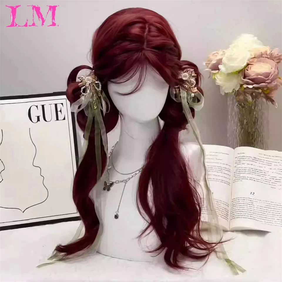 LM Synthetic Wig Red Wavy Long Curly Hair For Women's Daily Party Cosplay Heat-Resistant Full Head Cover