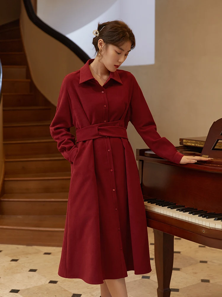 DUSHU Damen Winter gepolstertes Hemd-Stil rotes Kleid Pendler auffälliges langes A-Linien-Rock mit Schnürung an der Taille Damen mittellanges Kleid