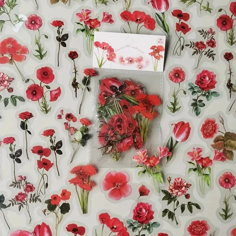 40 Stück Naturpflanzen-Blumenaufkleber, DIY-Scrapbook, PET-Material, Handbuch, Wasserbecher, Pflanzen, transparentes Aufkleberpaket