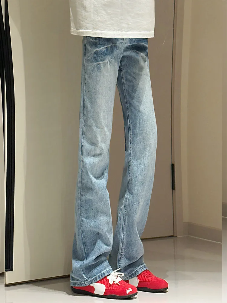 Light Blue Washed Lightning Pattern Men's Jeans Straight Leg Micro Flared Pants Cleanfit American Vibe Casual Wear