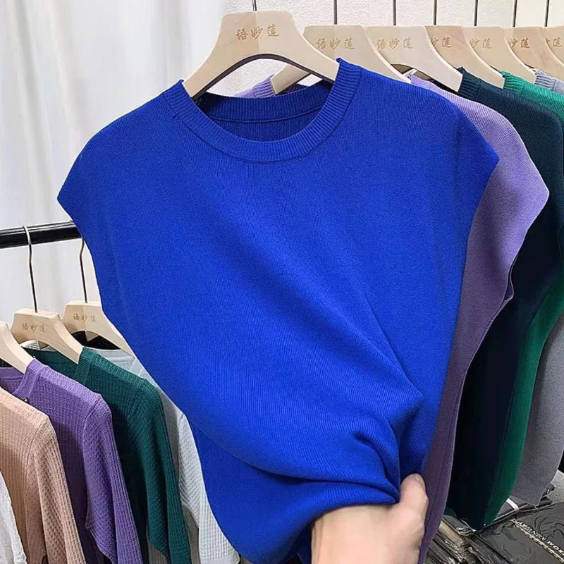

Women's T-Shirts 2025 Summer Ice Silk Knitted Tees Casual Solid Tops Purple Blue Fashion O Neck Short Sleeved Blouse for Women
