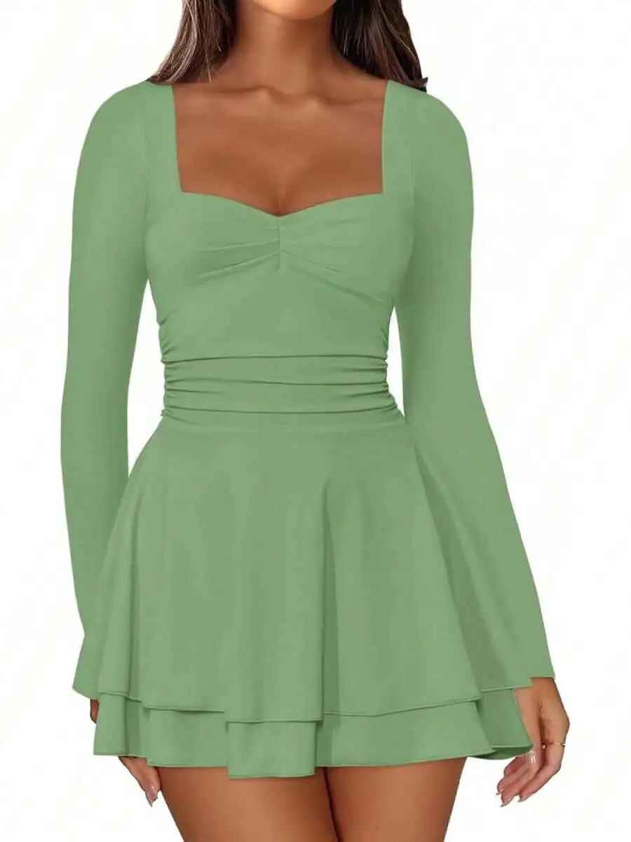 Vestido Mini de Fiesta Casual para Mujer con Cuello Cuadrado, Manga Larga, Cintura Fruncida Tipo Corsé y Dobladillo con Volantes en Capas, Corte A