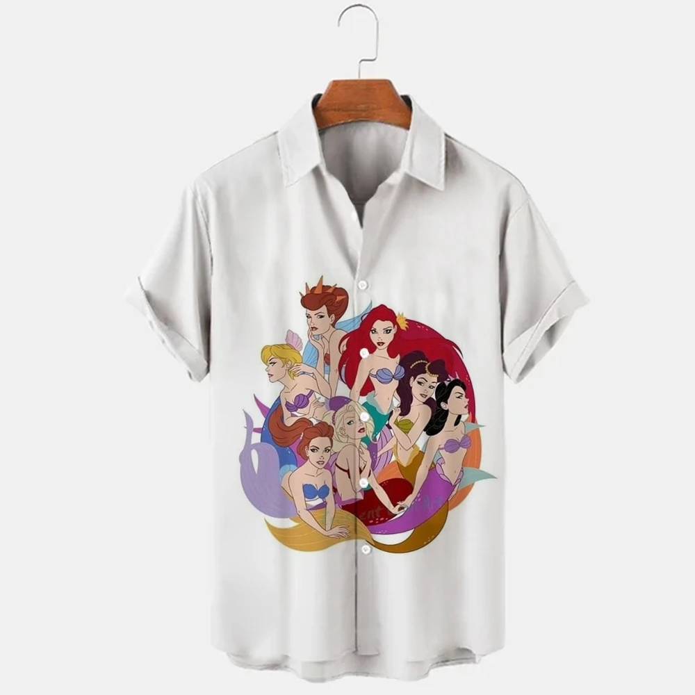 New Street Style Cartoon Ariel Mermaid Print Men's Lapel Short Sleeve Single Breasted Shirt Casual Trendy Versatile Top