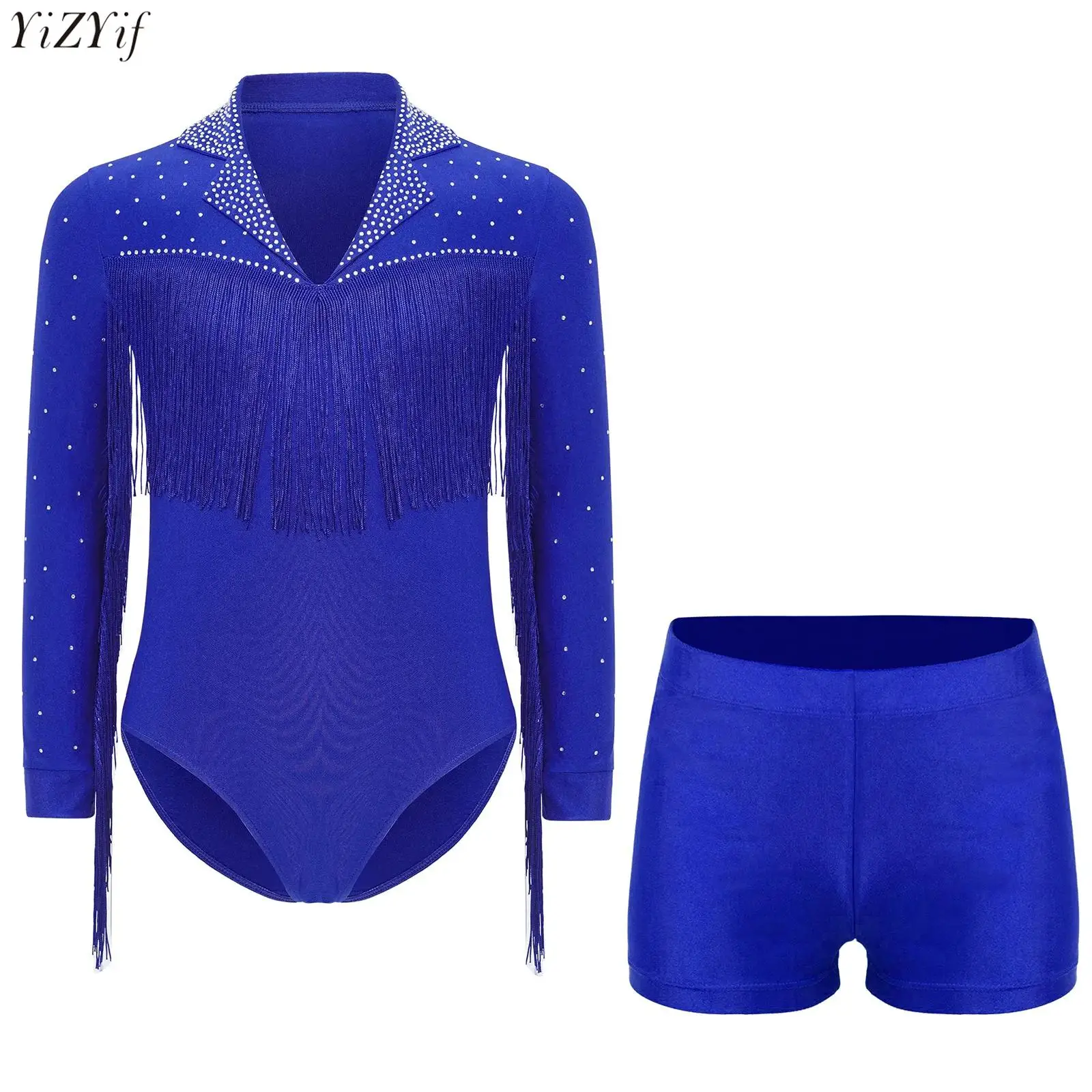 

Kids Boys Girls Latin Jazz Dance Costume Modern Ballroom Dancewear Long Sleeve Shiny Rhinestones Tassel Leotard+Shorts Outfit