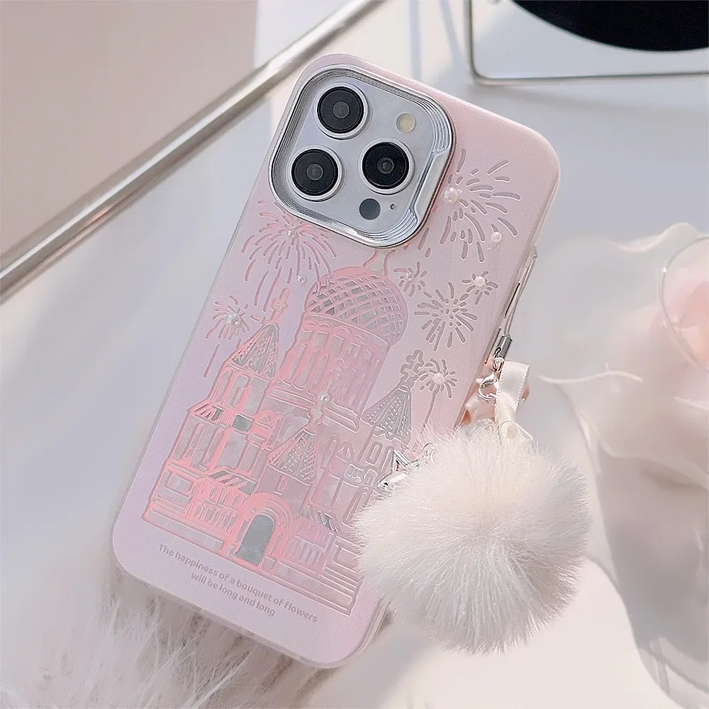 Pink dream castle church Sweet girls Plating Anime Phone Case For iPhone 15 14 13 12 11 Pro Max 15 Plus Case Cute cartoon Cover