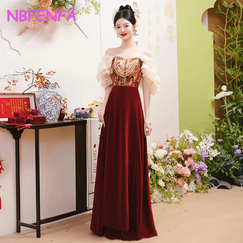 

Women Toast Bride Wedding Dresses Sexy Beaded Off-Shoulder Evening Party Gown Fashion A-Line Chinese Style Formal Dresses