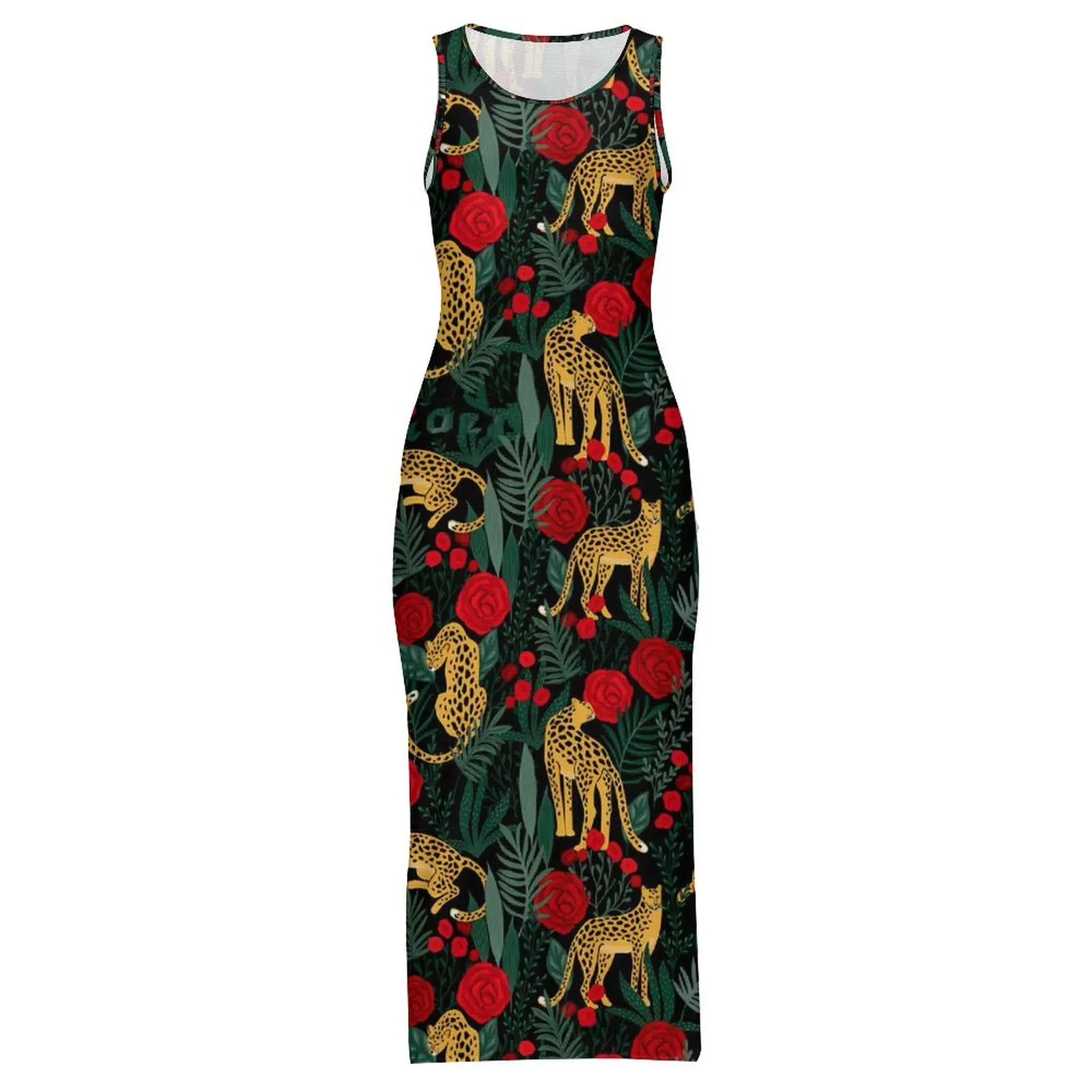 Floral Leopard Dress Sleeveless Red Roses Print Korean Fashion Maxi Dresses Pretty Bodycon Dress Woman Pattern Oversized Clothes