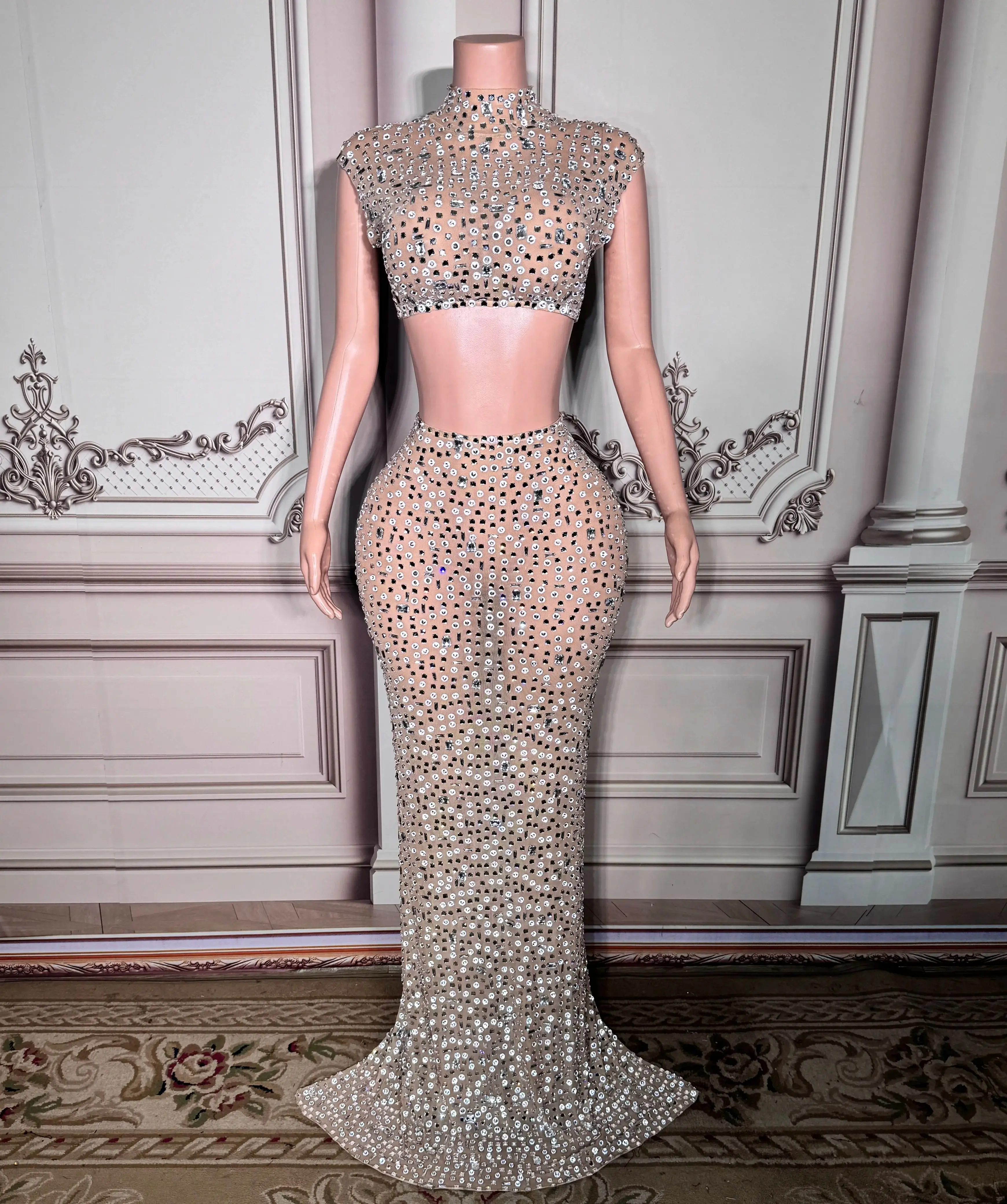 Sleeveless 2 Pieces Set Outfit Evening Birthday Top Long Skirt Rhinestones Transparent Mesh Dresses