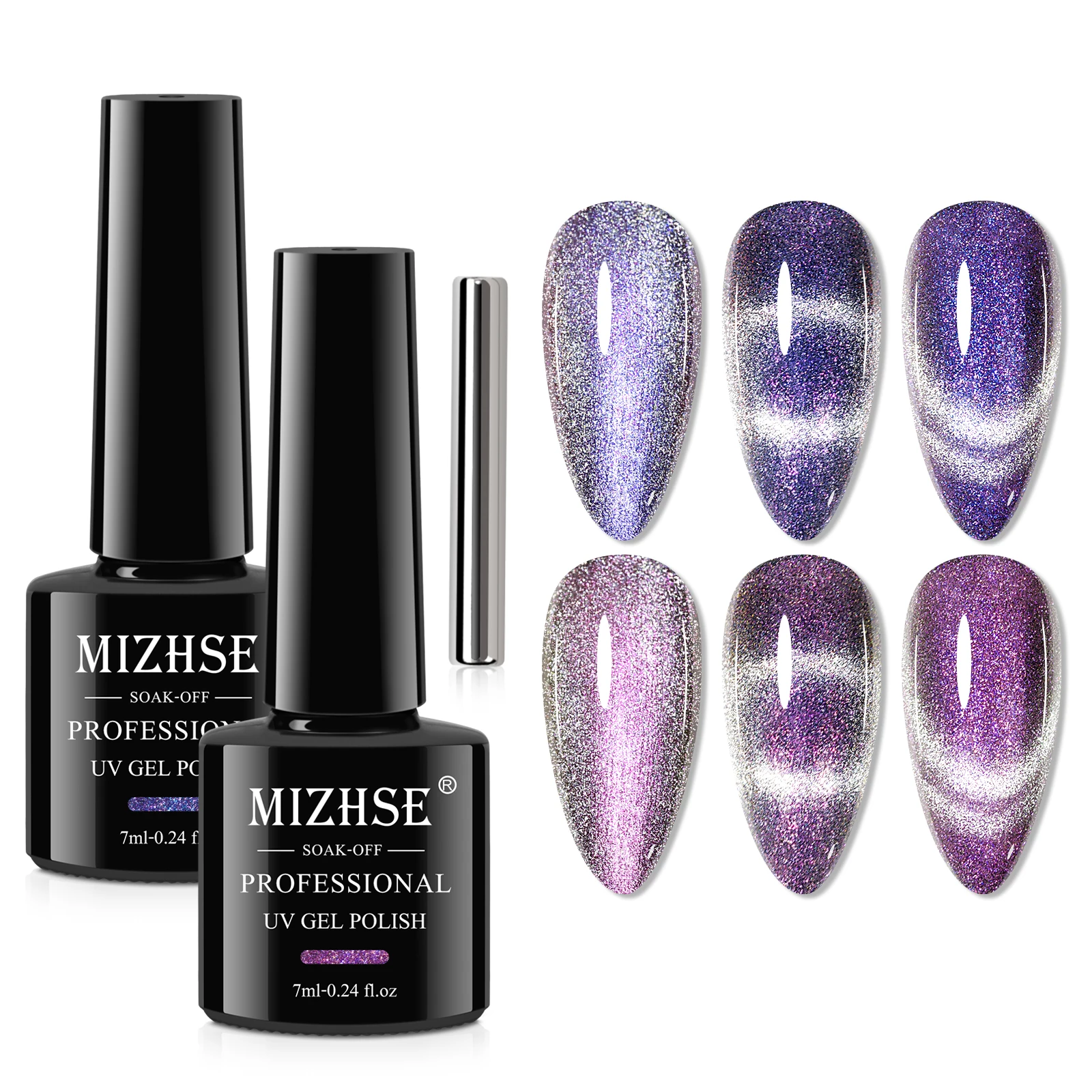 MIZHSE Aurora Kit de esmalte de uñas en Gel para ojos de gato, 2 uds., barniz de Gel Led UV magnético para remojar, Gel morado y plateado para uñas de invierno DIY