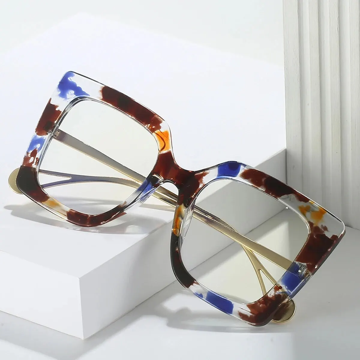 Women Oversized Square Cat Eye Glasses Vintage Clear Lens Print Frame Retro Eyeglasses