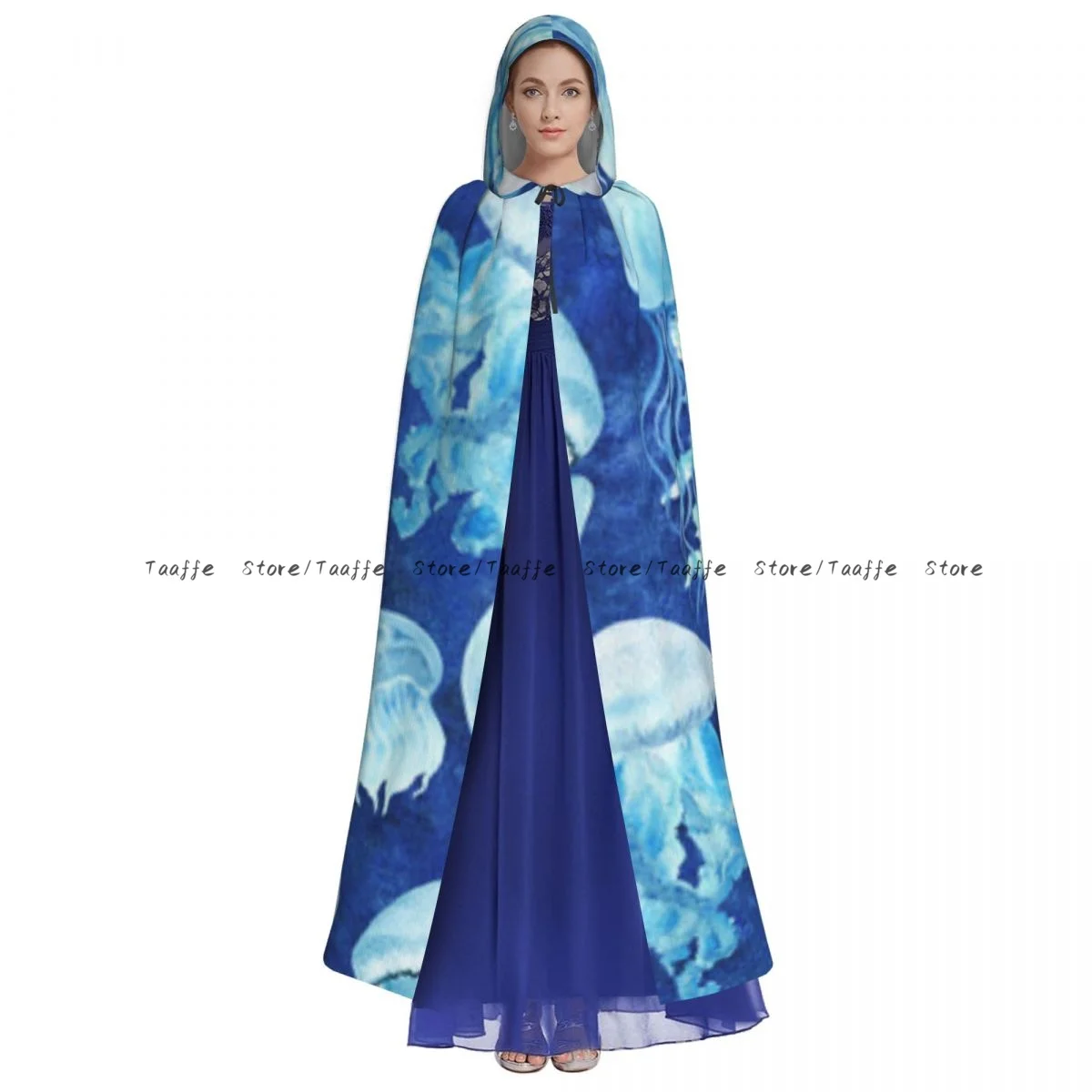 Jellyfish Blue Witch Cloak Hooded Cosplay Costume Halloween Adult Long Party Cape