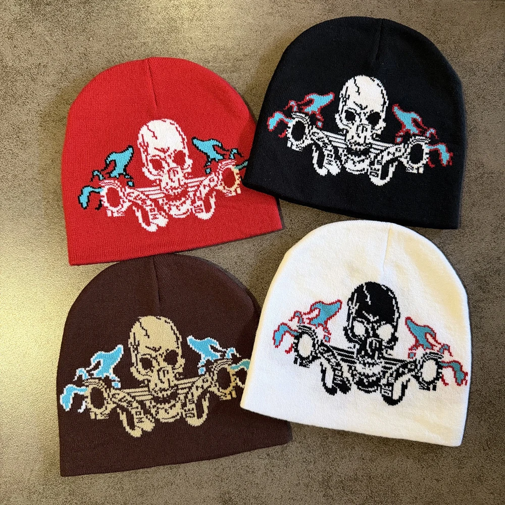 American Style Skeleton Graphic Print Skullcap Daily Outdoor Casual Hat Winter Warm 100%Cotton Beanie Men Women