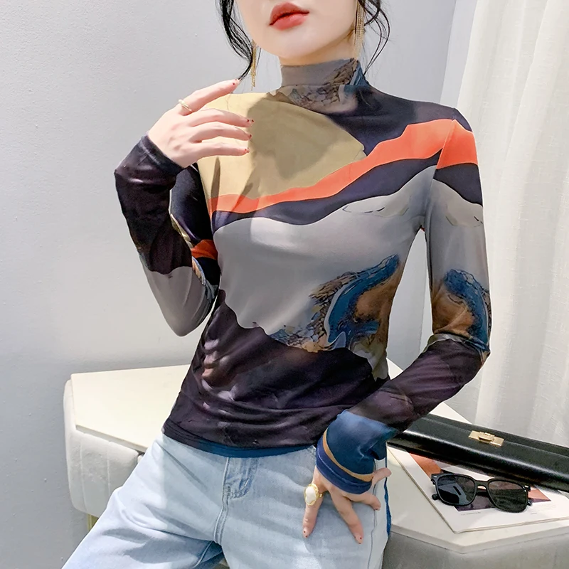 Black,Korean,Style,Winter,T-shirt,Sexy,Turtleneck,Mesh,Positioning Printing,Women,Tops,Long Sleeve,Slim,Tees,2024,New,4102807