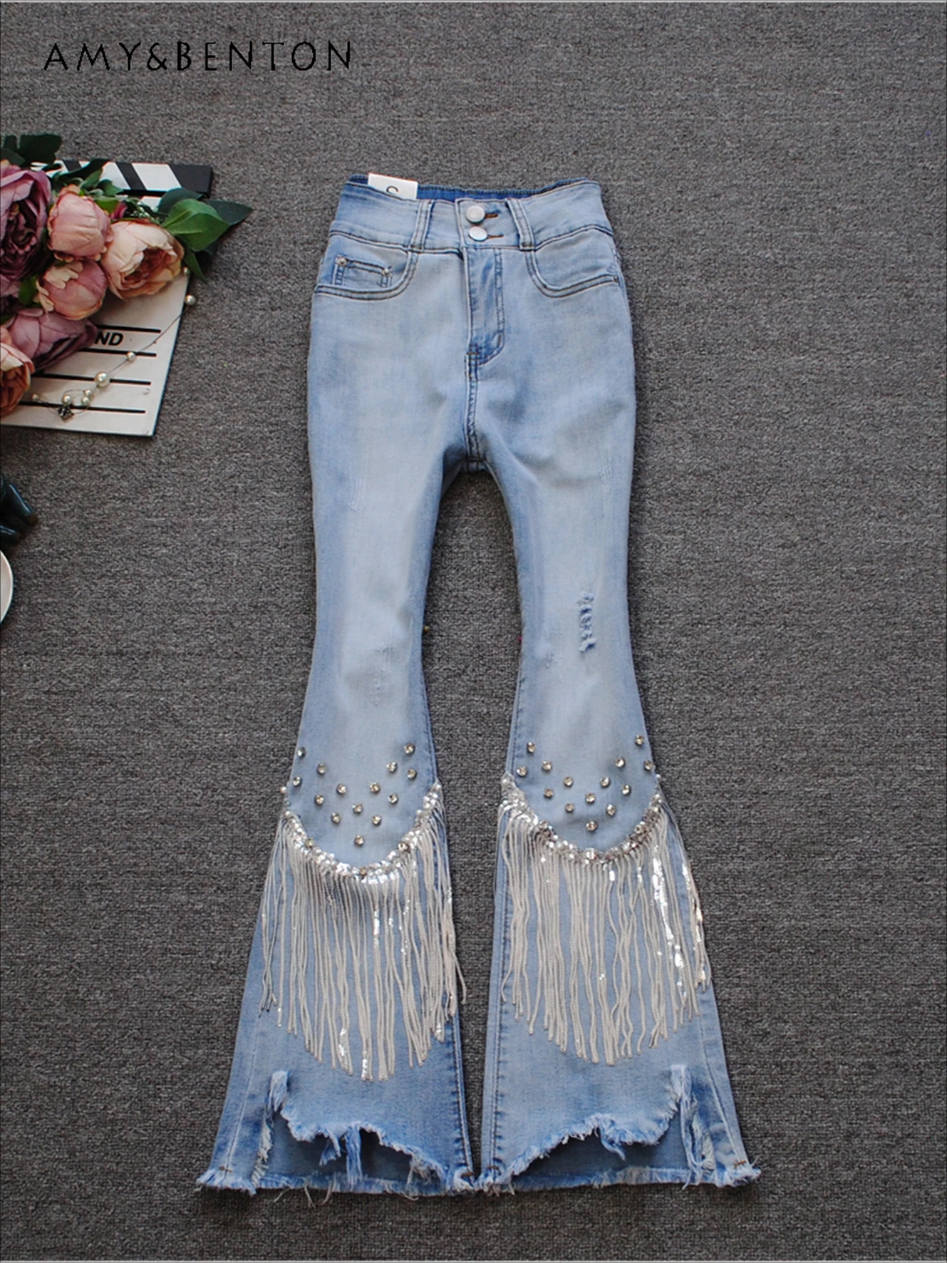 Spring Summer New High-waisted Beaded Diamond Fringed Nine-point Pants Fashion Hot Girl Slim Ripped Tassel Flared Pants Women